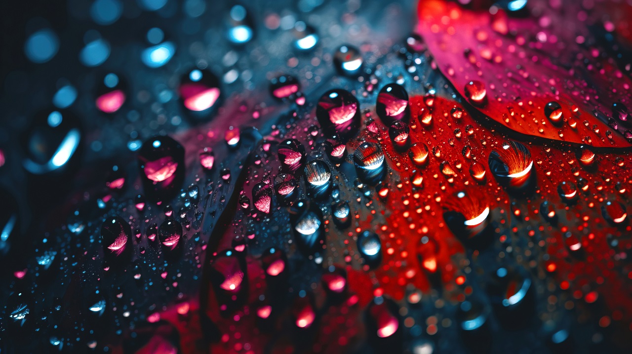 A close-up of water droplets on a dark and red painted surface